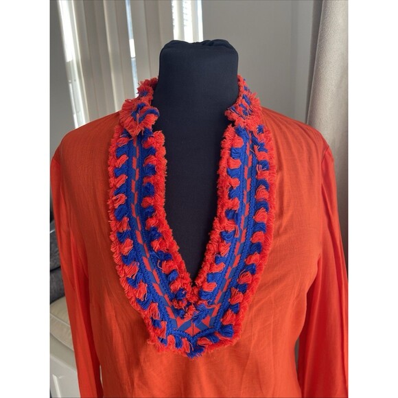 Tory Burch Samba  Cotton Blue Embroidery Fringe Trim V Neck Slit Tunic Sz. 6 - Picture 3 of 4